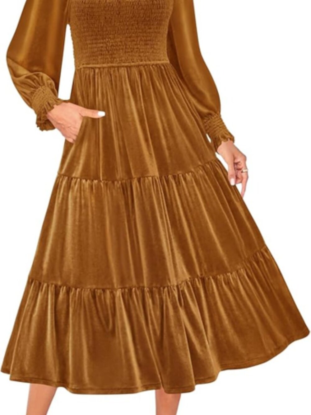 ZESICA Women’s Boho Velvet Long Sleeve Dress Smocked Ruffle- Carmel XL NWT